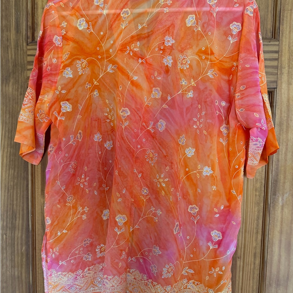 Vibrant Orange and Pink Floral print mandarin collar - Picture 4 of 10
